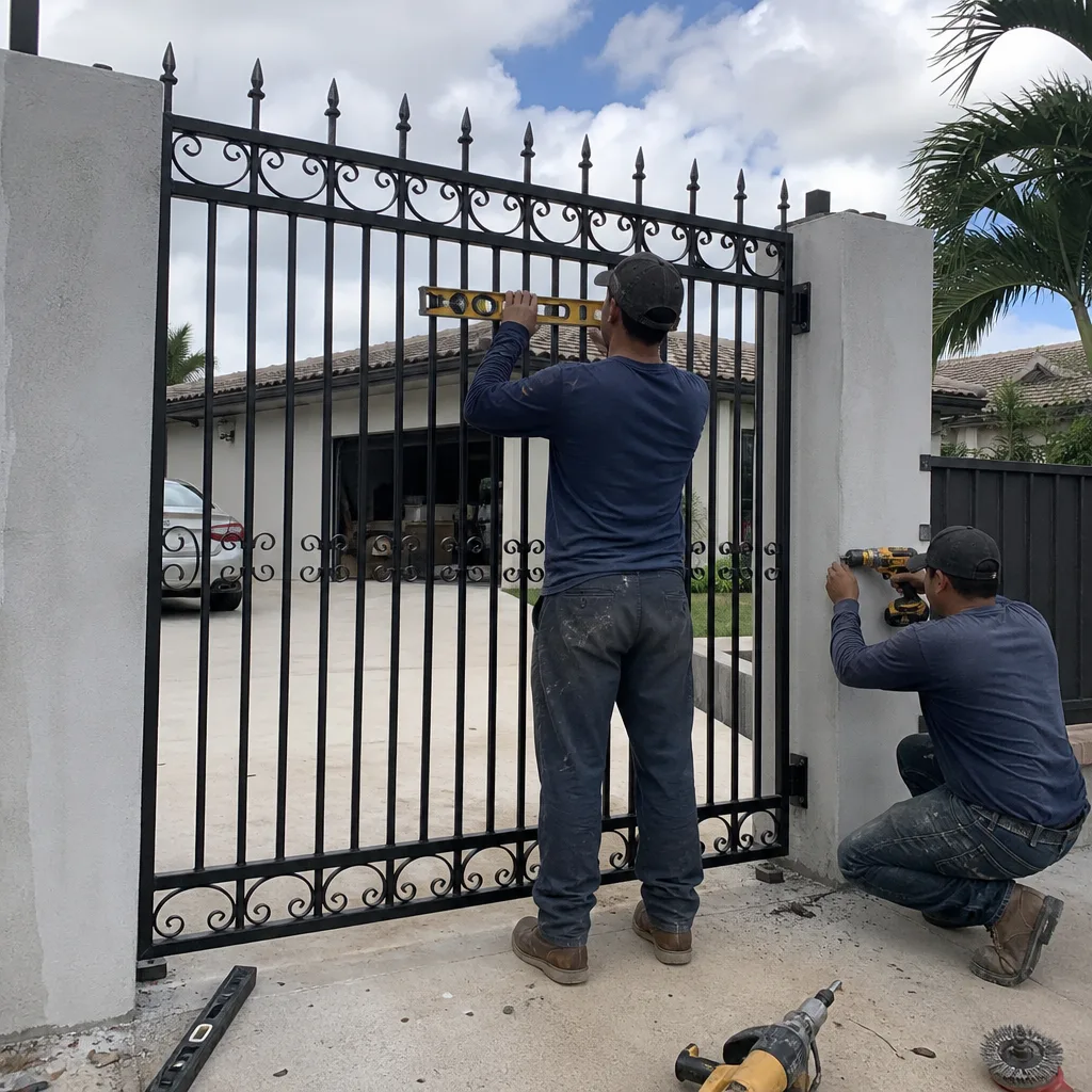 Two technicians installing a custom metal driveway gate with power tools