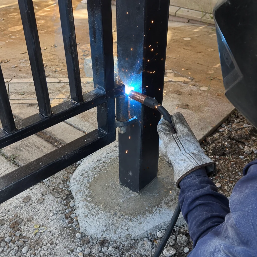 Professional welder performing gate repair and hinge installation