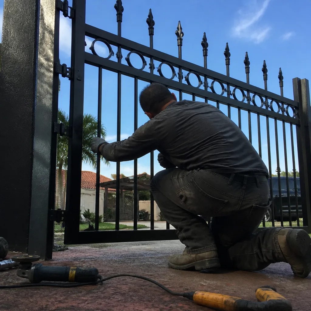 Professional contractor performing metal gate installation and repair work