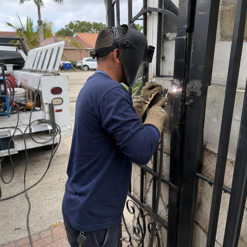 Professional technician performing on-site metal gate welding repair
